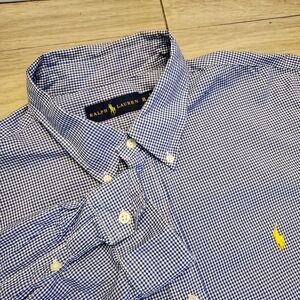 Ralph Lauren Button Down Shirt Mens XL Blue Microcheck Gingham Yellow Pony Ls